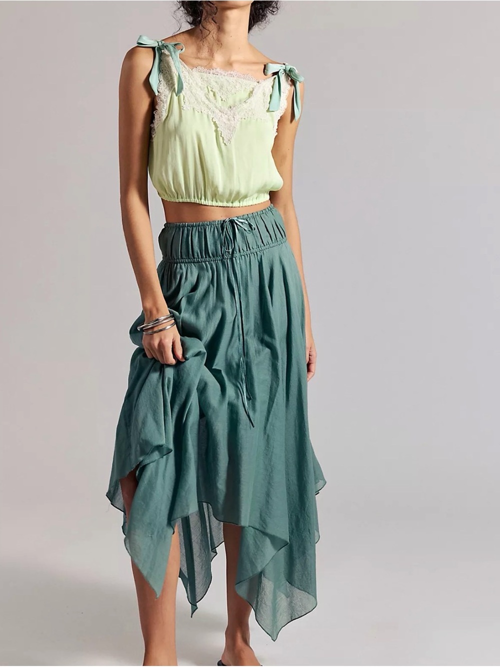Free People Light Green Lace-Trim Crop Top & Teal Handkerchief Midi Skirt